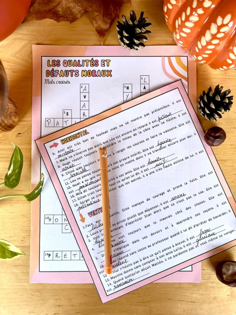 Mots croisés: qualités et défauts moraux